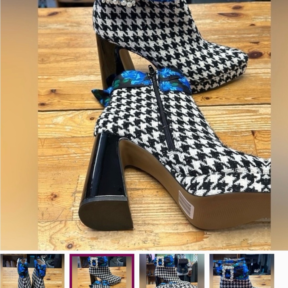 Betsey Johnson Black & White Houndstooth Ankle Boots with Blue Floral Accent